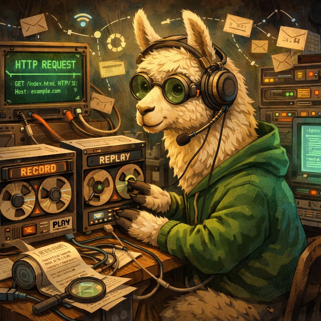 artistical representation of a llama carefully collecting and replaying HTTP requests and responses