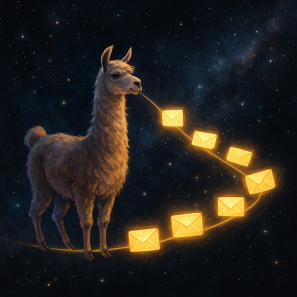 artistical representation of a llama streaming events as glowing envelopes across the wire from space