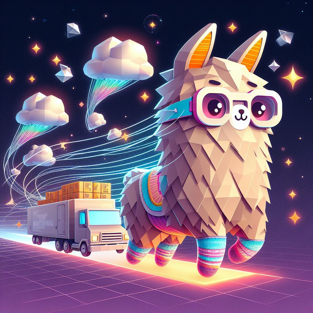 artistical representation of rama socks5 proxy as llama carying cargo through space while wearing socks