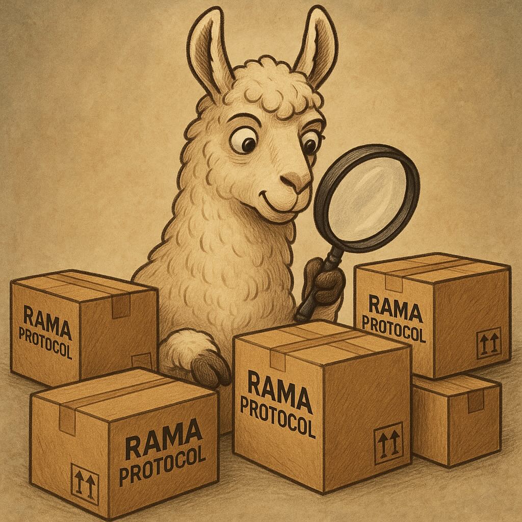 artistical representation of rama protocol inspection as llama examining packages with a magnifying glass