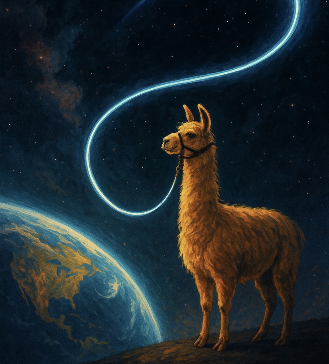 artistical representation of a llama tethered to a bi-directional glowing wire stretching between Earth and space